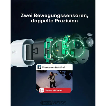 Weiße Arlo Ultra 2 4K Kamera mit grüner Platine und Dual-Sensoren