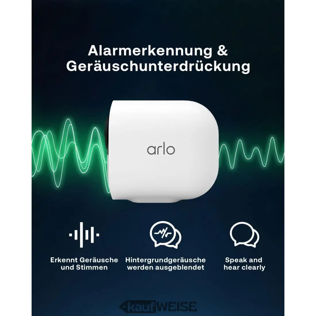Weißes Arlo Ultra 2 4K Sicherheitssystem mit Soundwellen-Grafik und Features