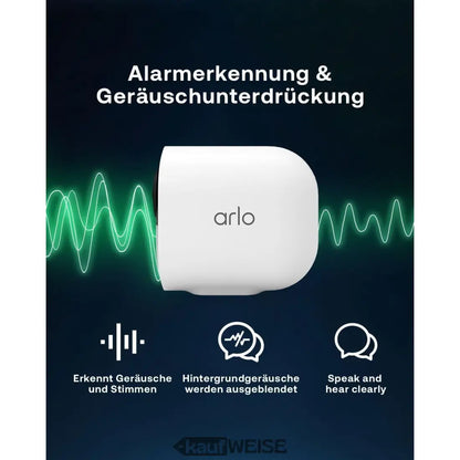 Weißes Arlo Ultra 2 4K Sicherheitssystem mit Soundwellen-Grafik und Features