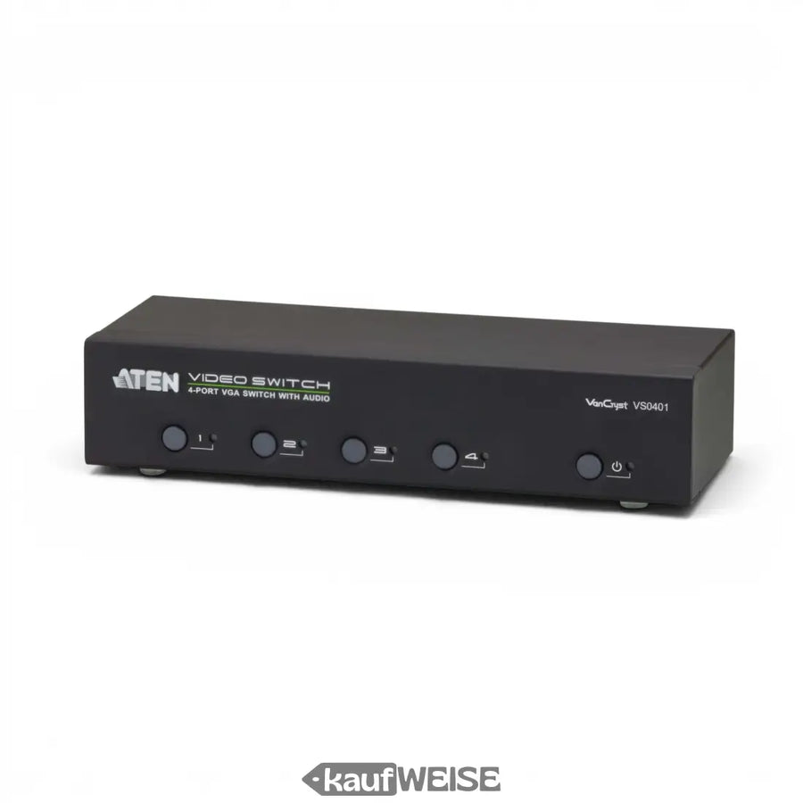 Schwarzer aten vs0401 4 port vga switch mit audio und rs 232 rückseite mit vier vga ports und audioanschlüssen