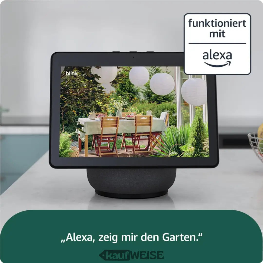 Schwarzer Smart-Display zeigt Gartenszene mit Blink Outdoor 4 Überwachungskamera Set