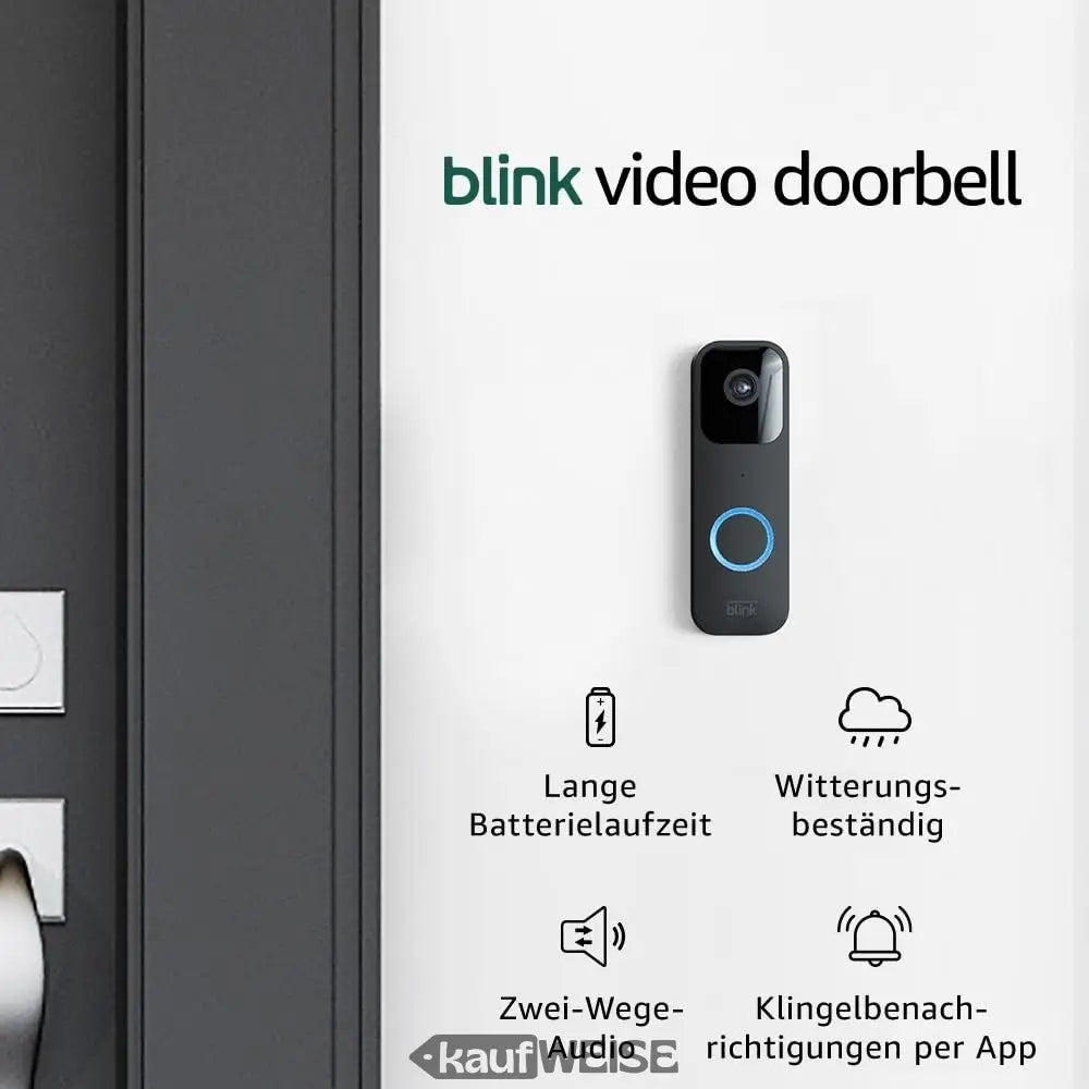 Schwarze Blink Video-Türklingel mit HD-Video, blauen Akzenten und schlankem Design