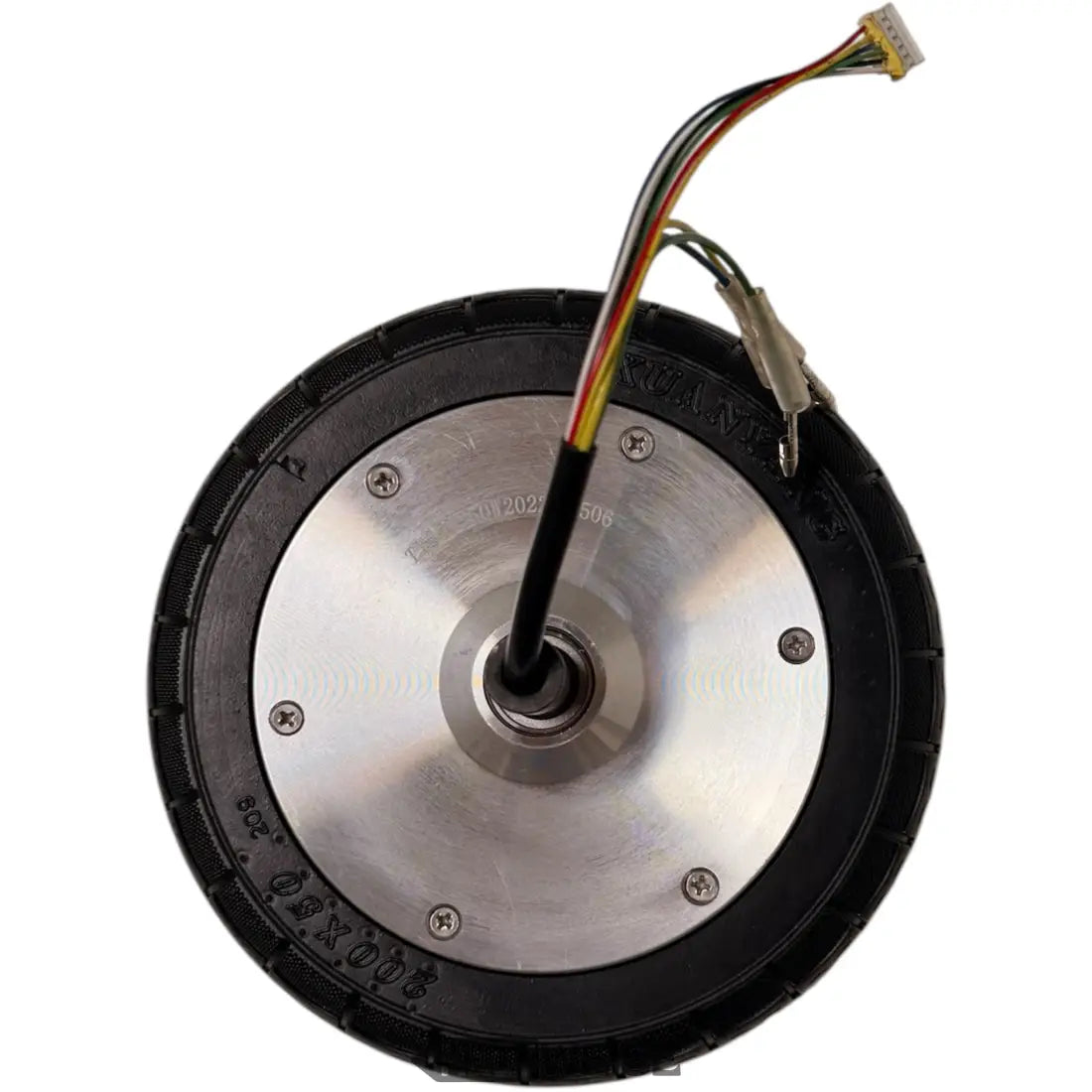 Silberner E-Scooter-Nabenmotor 36V 350W mit schwarzem Vollgummireifen und bunten Kabeln