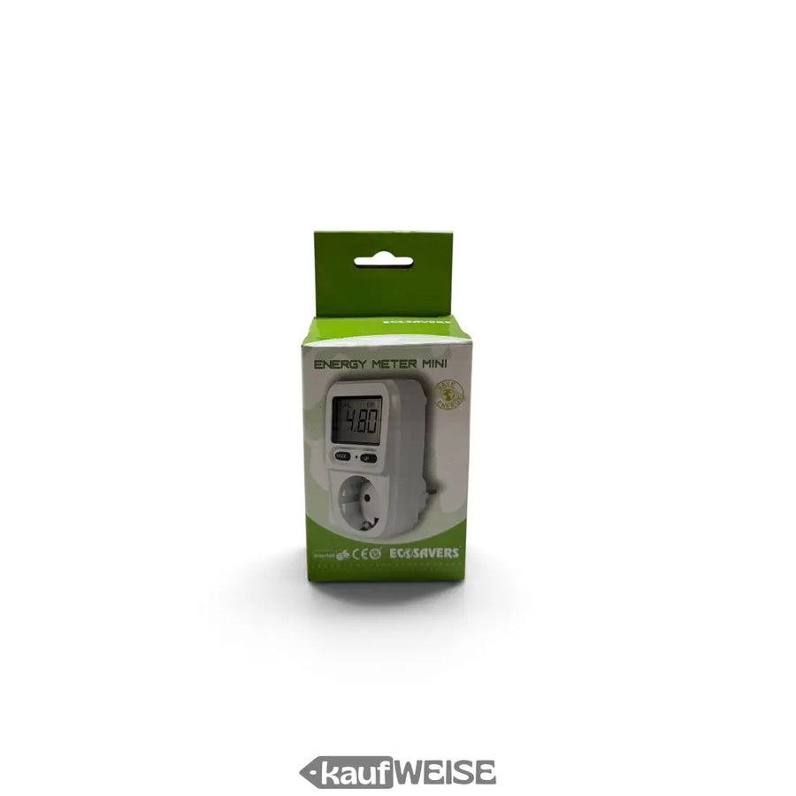 EcoSavers Energiekostenmessgerät Mini in der Verpackung, Vorderseite mit Gerät und Display