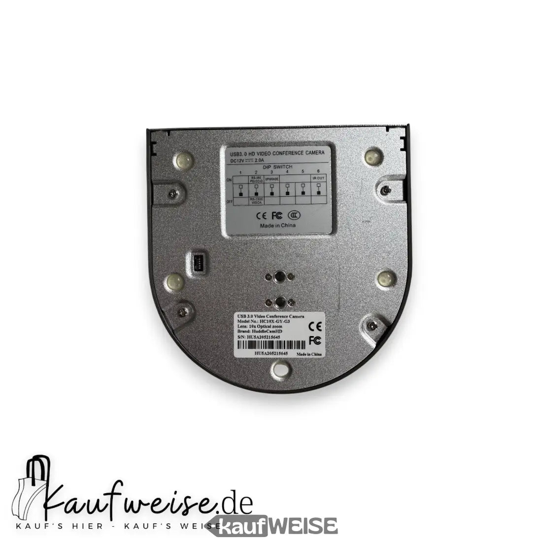 Unterseite der HuddleCamHD HC10X-GY-G3 mit Anschlüssen und Zulassungsetiketten