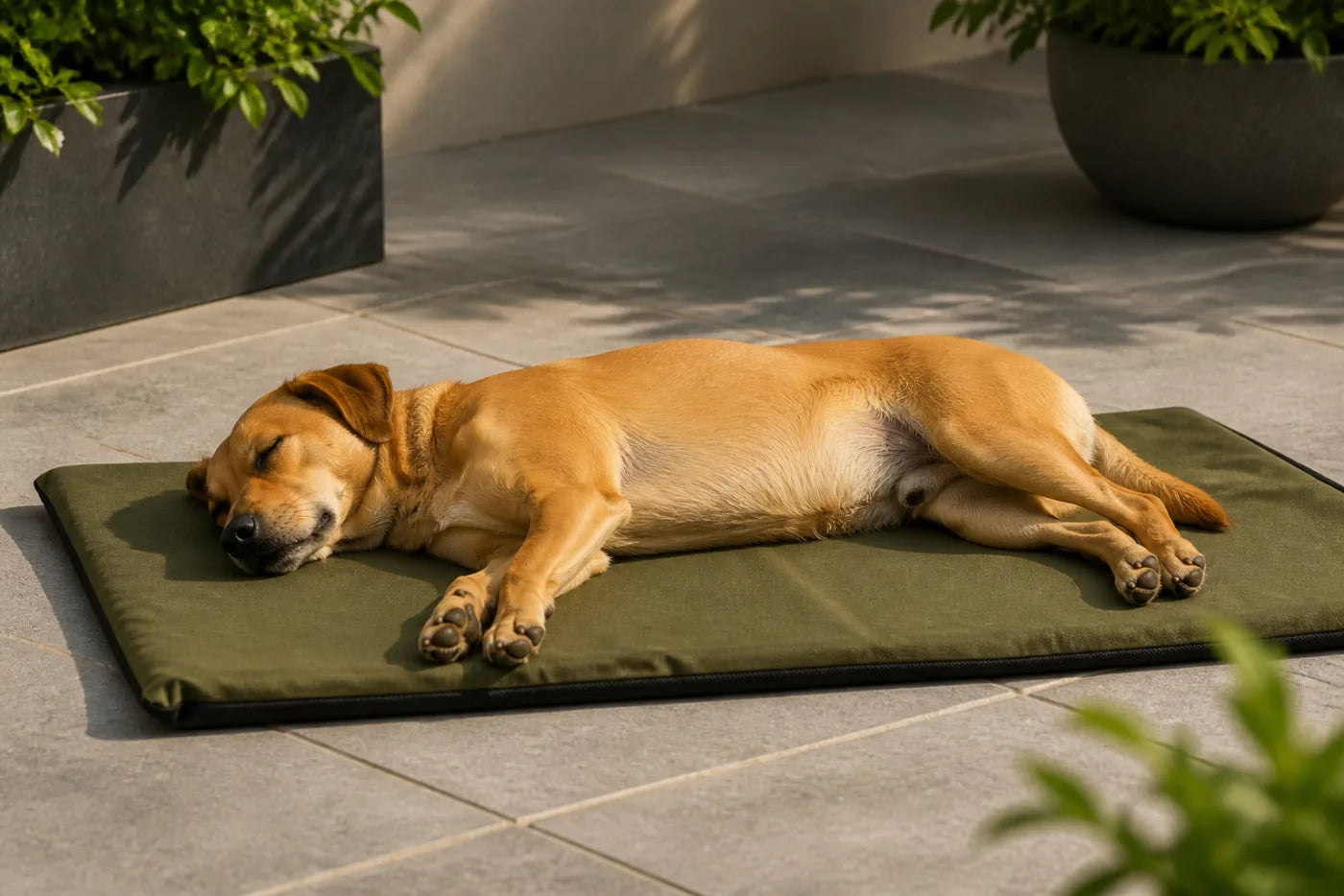 Hund liegt ausgestreckt auf einer flachen Outdoor-Hundematte auf einer Terrasse