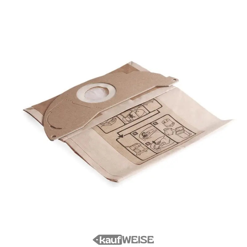 Beige Staubsaugerfilterbeutel Kärcher Original mit Anleitung und kreisförmiger Öffnung