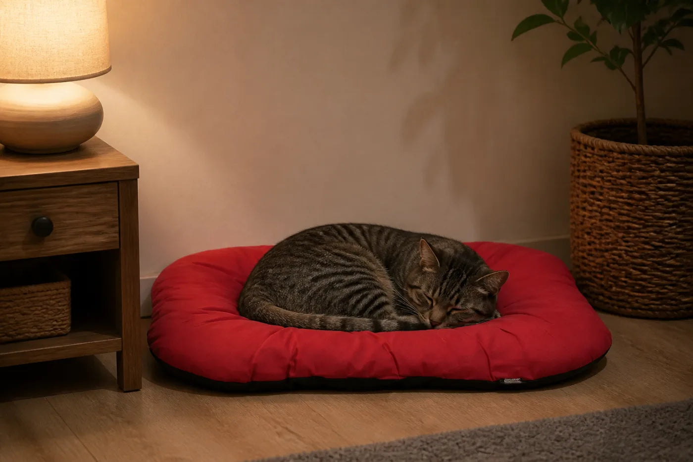 Getigerte Katze schläft eingerollt in einem Hundebett mit erhöhtem Rand