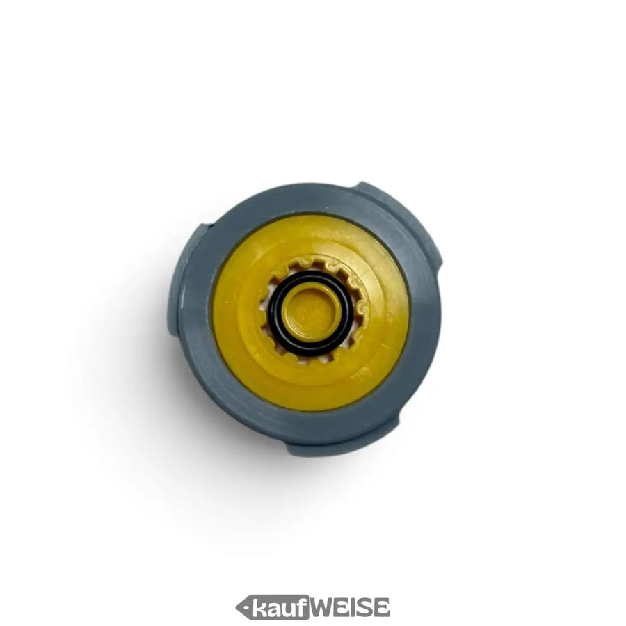 Neoperl pcw-01 durchflussregler mit grauen und gelben plastikzahnrädern und schwarzem innenring für die dusche