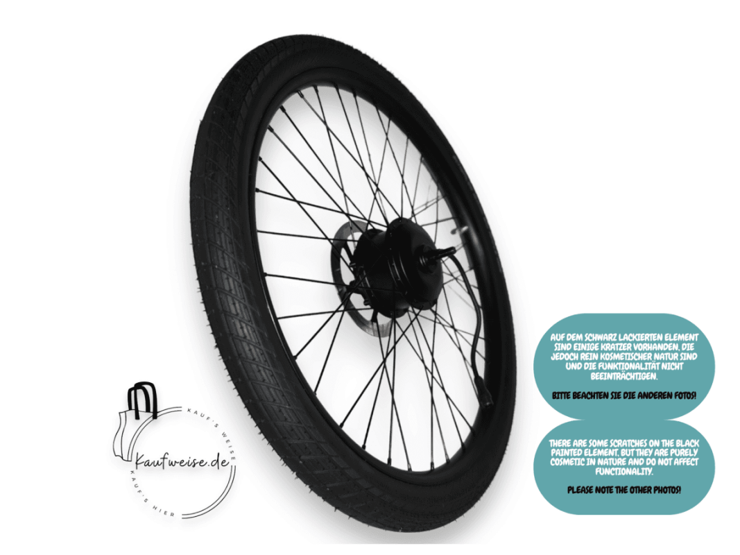 Schwarzes Fahrradrad mit Motor, VanMoof X3 Vorderrad 24 Zoll, originale Bremsscheibe