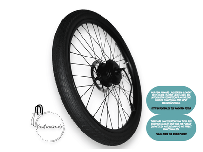 Schwarzes Fahrradrad mit Motor, VanMoof X3 Vorderrad 24 Zoll, originale Bremsscheibe