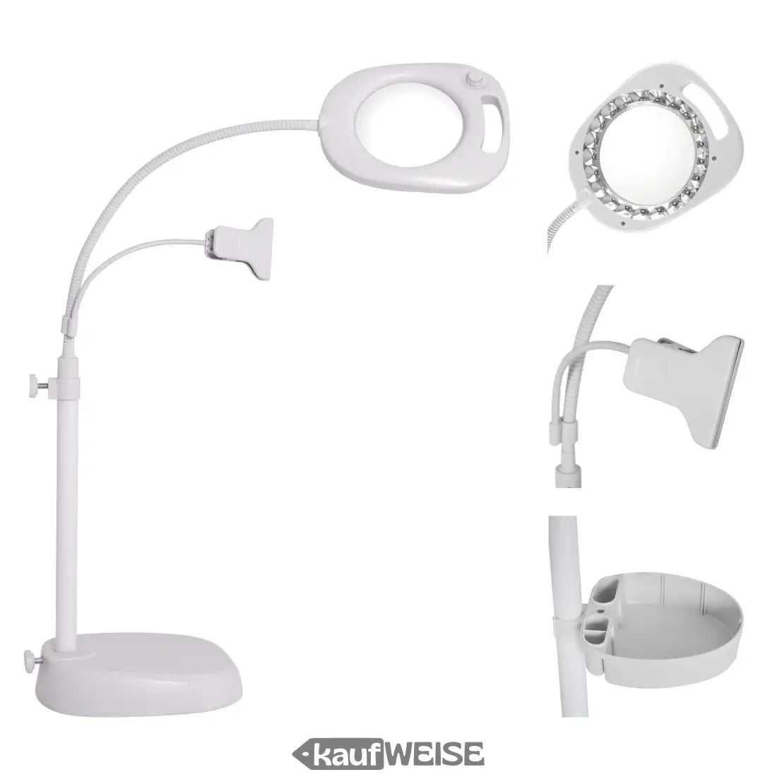 Weiße Lupenleuchte mit Staand- und Tischlampe, batteriebetrieben und 220V Weberlampenbeleuchtung