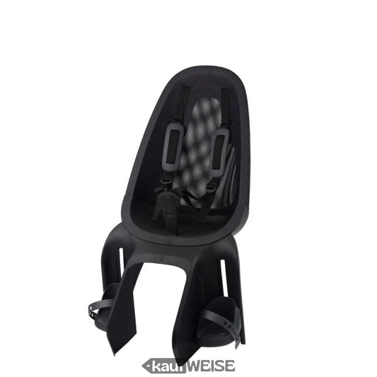 Schwarzer Fahrradsitz für Kinder mit gepolstertem Gurt und Fußriemen