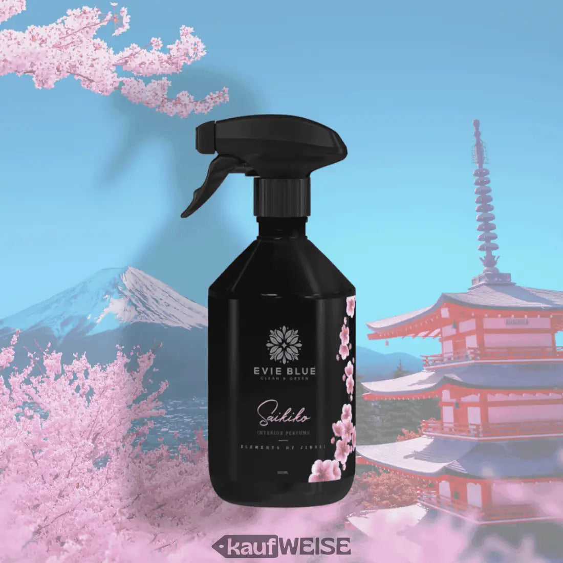 Schwarze Sprühflasche mit Kirschblütendesign für Jinsei Parfum Saikiko Raumduft