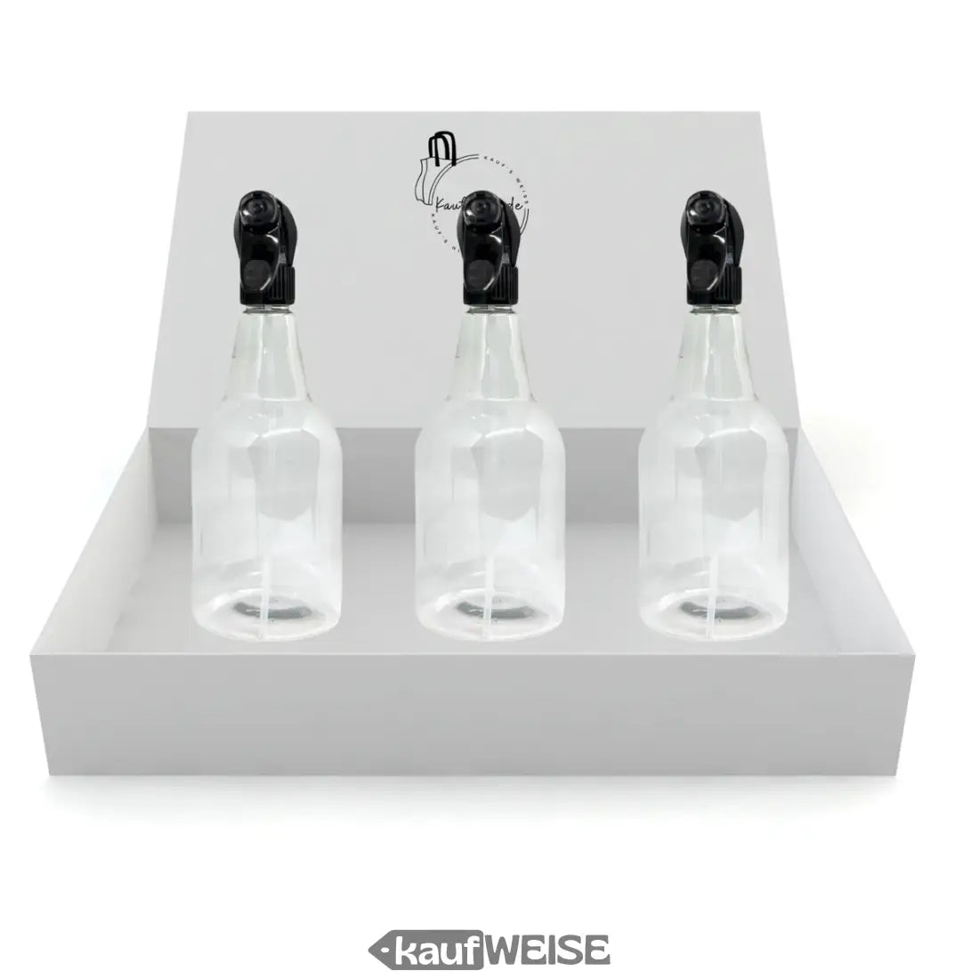 Drei transparente Sprühflaschen in einer weißen Box, ideal für Reinigung und Pflege