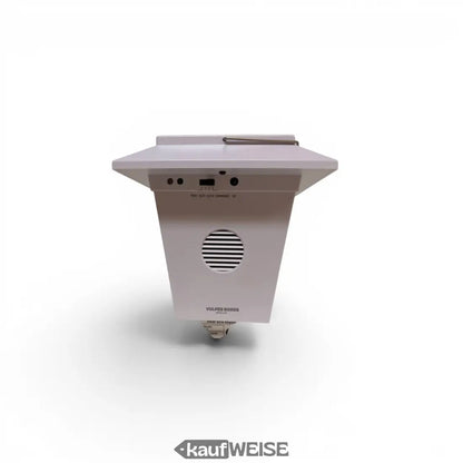 Weiße vulpes 8000s outdoor wetterstation rückseite mit rechteckigem design und rundem lüftungsgitter am vgb-br01 ultraschall vogelvertreiber