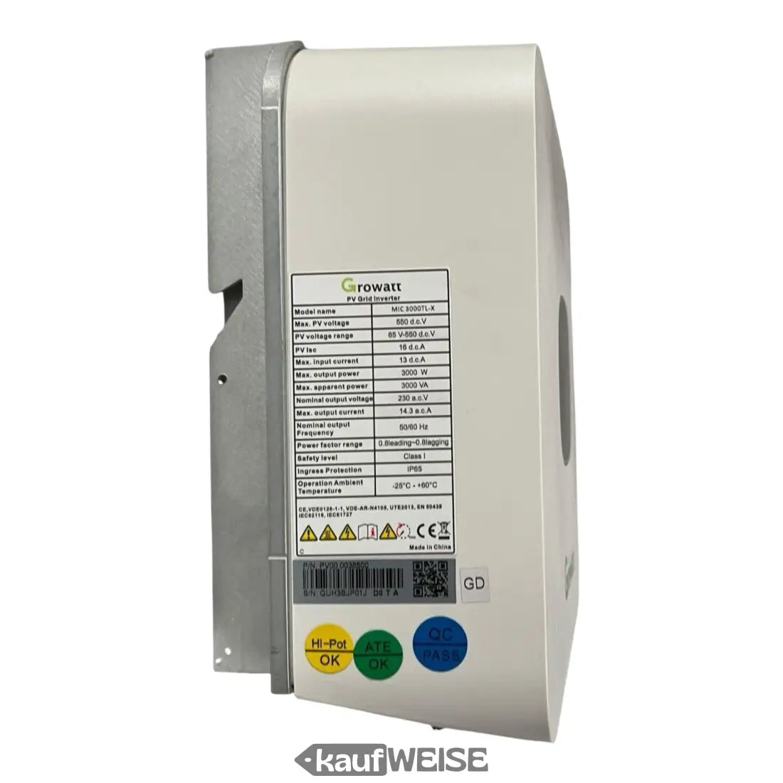 Wechselrichter Growatt MIC 3000TL-X mit weißem Gehäuse, grünen und blauen Tasten sowie Metallhalterung
