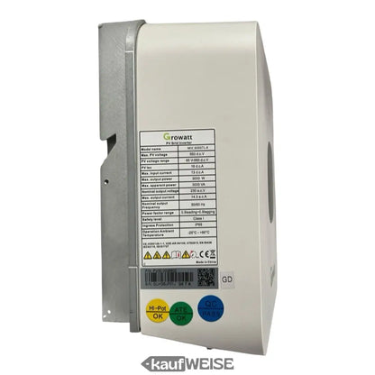 Wechselrichter Growatt MIC 3000TL-X mit weißem Gehäuse, grünen und blauen Tasten sowie Metallhalterung