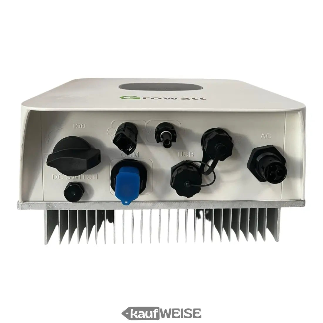 Growatt MIC 3000TL-X Wechselrichter mit schwarzen und blauen Knöpfen, silbernen Kühlkörpern