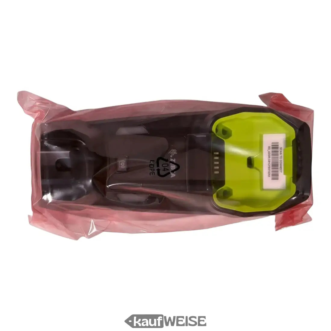 Limetgrüner und schwarzer Skischuh mit Plastikriemen, Zebra DS3678 Scanner